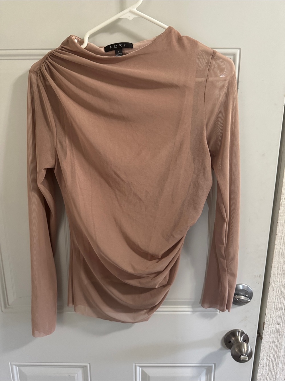 Fore Draped Long-Sleeve Sheer Top in Dusty Rose